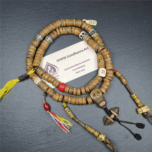 Old Kapala Skull Bone Mala - Tibetan Buddhist mala beads, front view