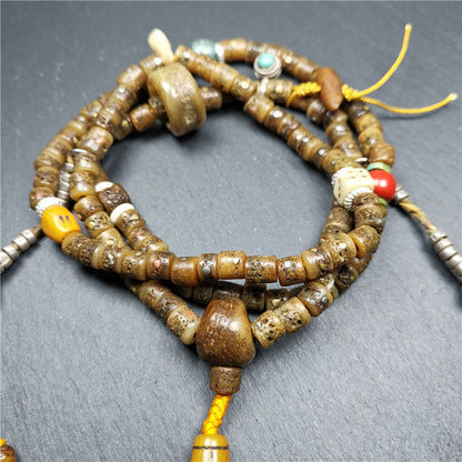 Gandhanra Authentic Tibetan Kapala Mala Necklace | Old 8mm 108 Prayer Beads with Treasures | Spiritual Jewelry from Nyingma Kathok Monastery