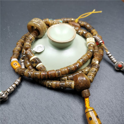 Gandhanra Authentic Tibetan Kapala Mala Necklace | Old 8mm 108 Prayer Beads with Treasures | Spiritual Jewelry from Nyingma Kathok Monastery