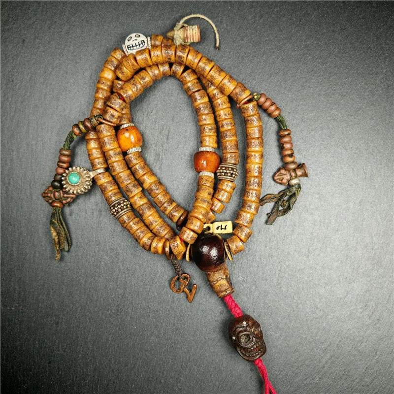 Old Kapala Skull Bone Mala - Tibetan Buddhist mala beads, front view