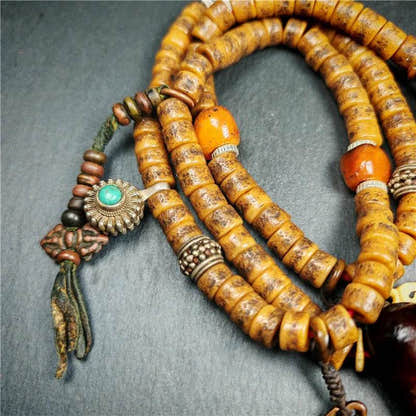 Old Kapala Skull Bone Mala - Tibetan Buddhist mala beads, detailed view