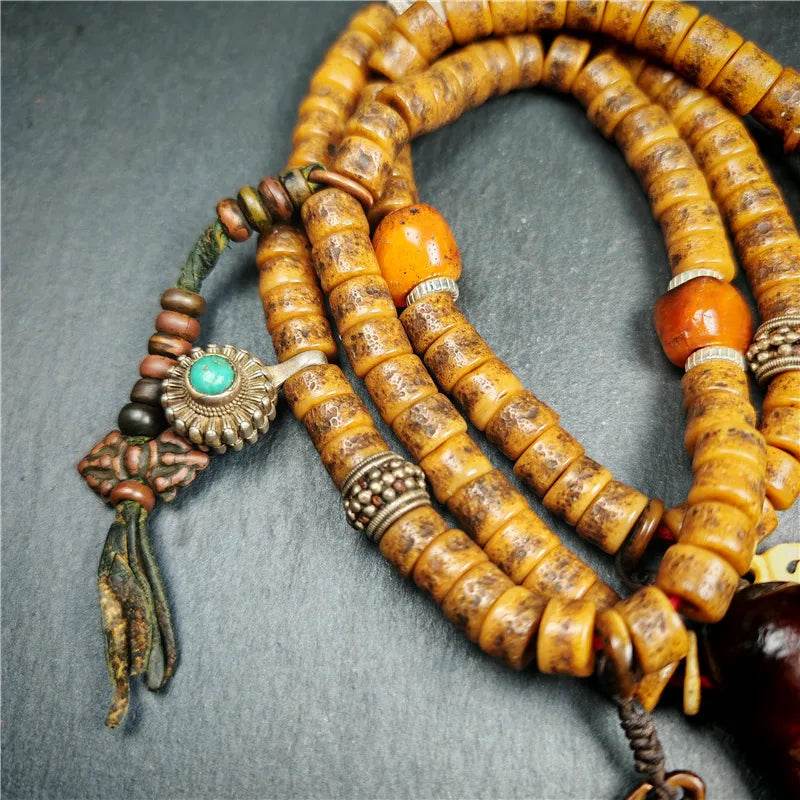 Old Kapala Skull Bone Mala - Tibetan Buddhist mala beads, detailed view