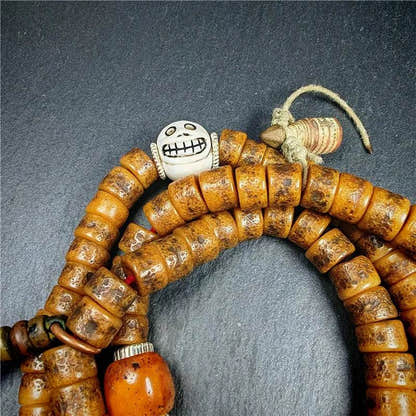 Old Kapala Skull Bone Mala - Tibetan Buddhist mala beads, close-up detail