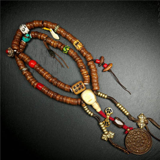Old Kapala Skull Bone Mala - Tibetan Buddhist mala beads, front view