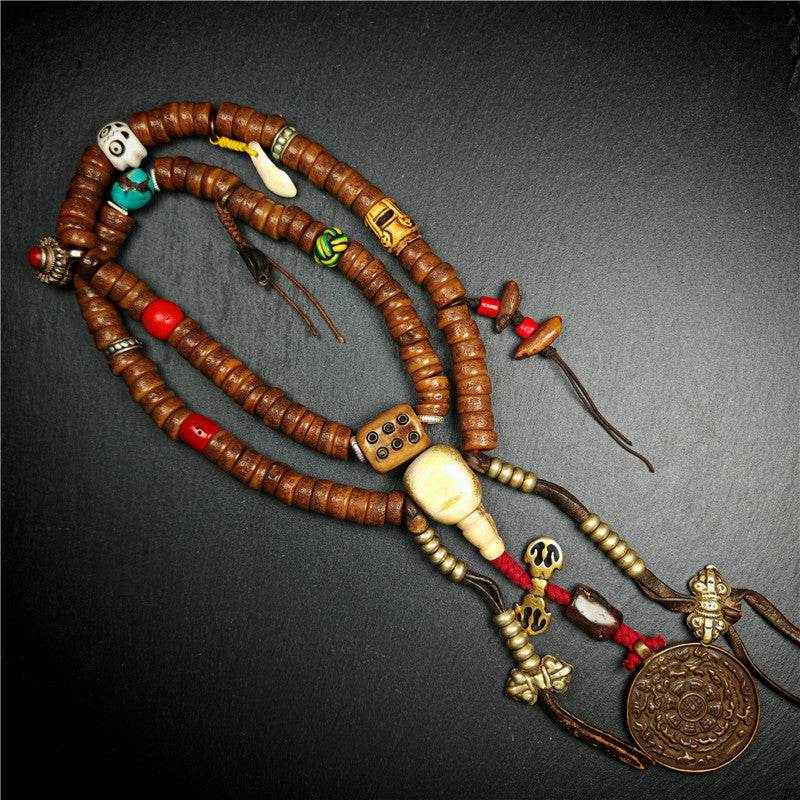 Old Kapala Skull Bone Mala - Tibetan Buddhist mala beads, front view