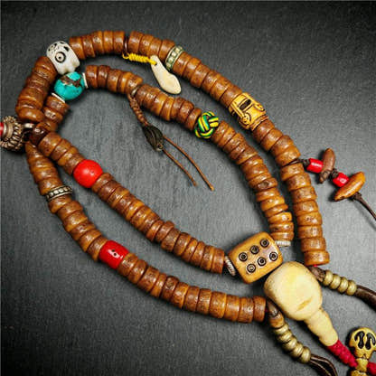 Old Kapala Skull Bone Mala - Tibetan Buddhist mala beads, close-up detail