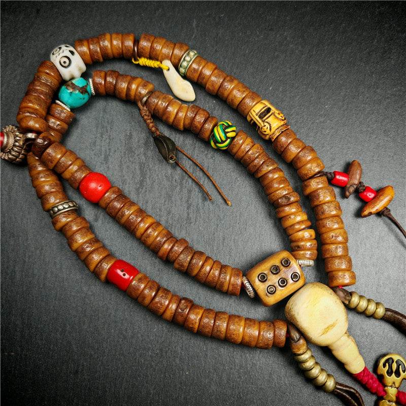Old Kapala Skull Bone Mala - Tibetan Buddhist mala beads, close-up detail