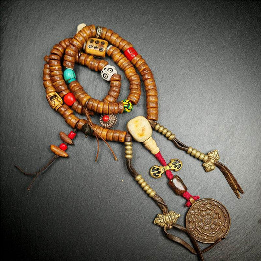 Old Kapala Skull Bone Mala - Tibetan Buddhist mala beads, detailed view