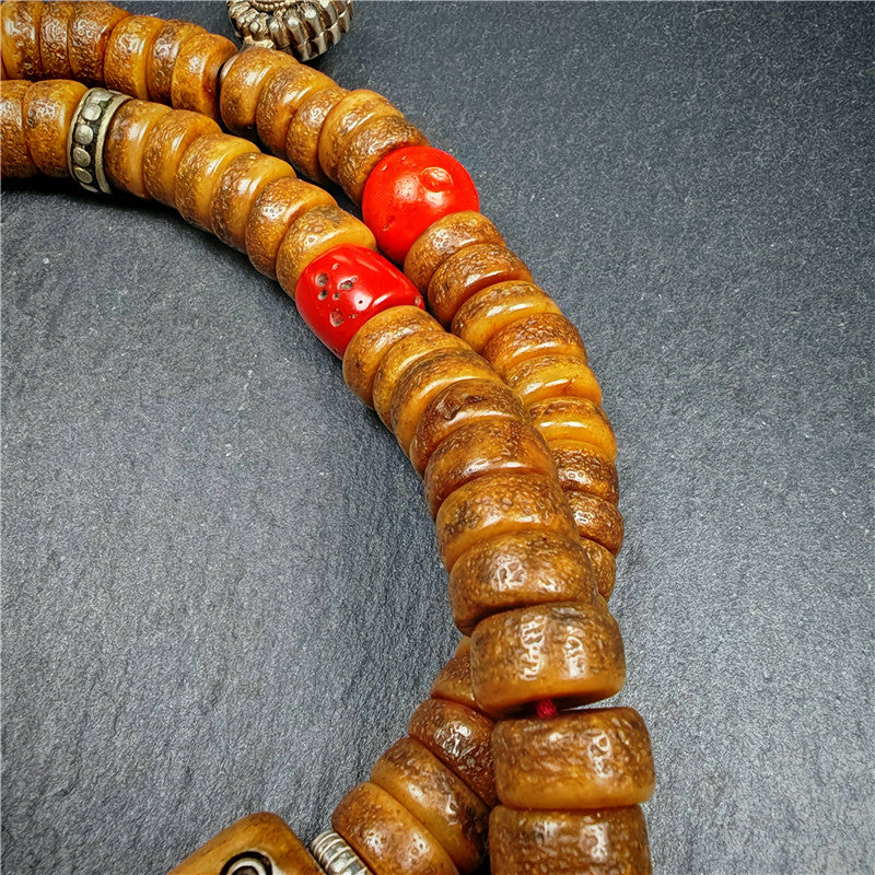 Gandhanra Authentic Tibetan Kapala Mala Necklace - 19th Century Old Skull Bone Prayer Bead with Lama Blessings