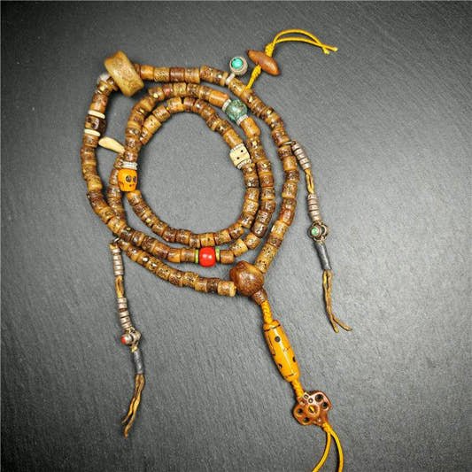 Old Kapala Skull Bone Mala - Tibetan Buddhist mala beads, front view