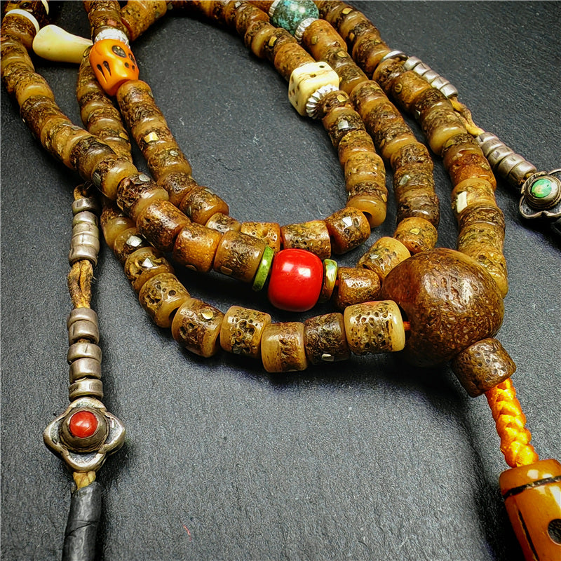 Gandhanra Authentic Tibetan Kapala Mala Necklace | Old 8mm 108 Prayer Beads with Treasures | Spiritual Jewelry from Nyingma Kathok Monastery