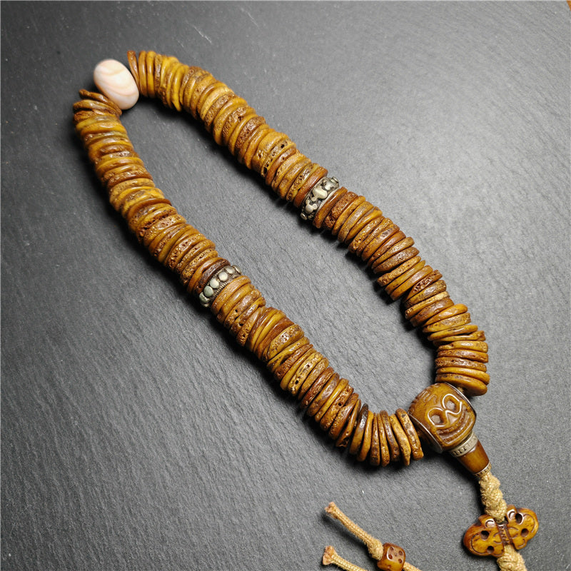 Vintage Tibetan Disk Kapala Mala - Handcrafted Skull Bone Prayer Bead from Nyingma Yachen Gar, 80 Years Old & Blessed by Lama