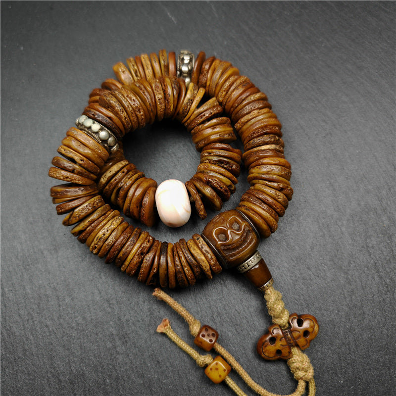 Vintage Tibetan Disk Kapala Mala - Handcrafted Skull Bone Prayer Bead from Nyingma Yachen Gar, 80 Years Old & Blessed by Lama