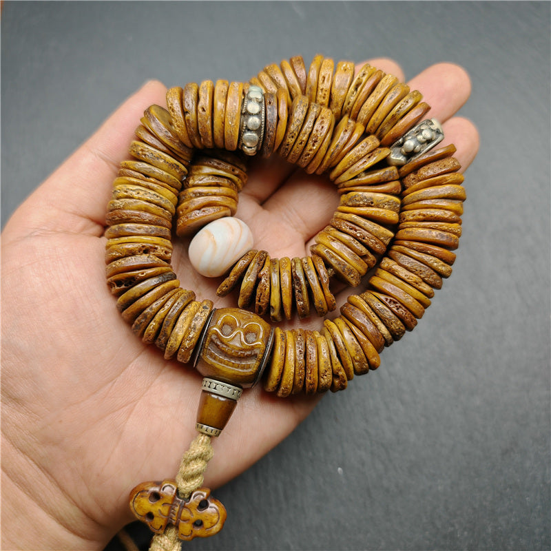 Vintage Tibetan Disk Kapala Mala - Handcrafted Skull Bone Prayer Bead from Nyingma Yachen Gar, 80 Years Old & Blessed by Lama