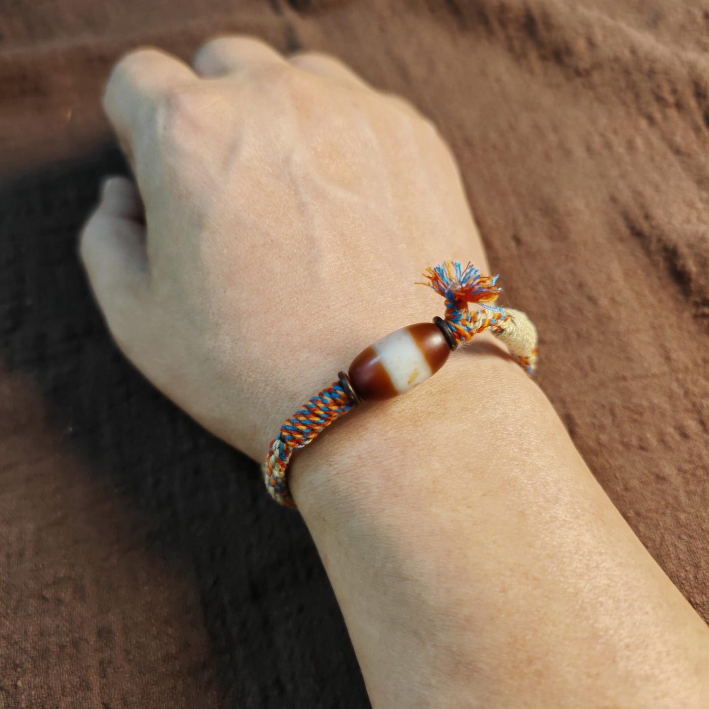 Jumlum Hand Woven Bracelet with Fire Agate Tibetan Stripe Dzi Beads