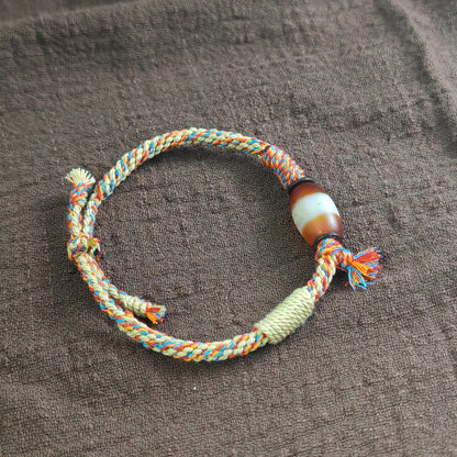 Jumlum Hand Woven Bracelet with Fire Agate Tibetan Stripe Dzi Beads