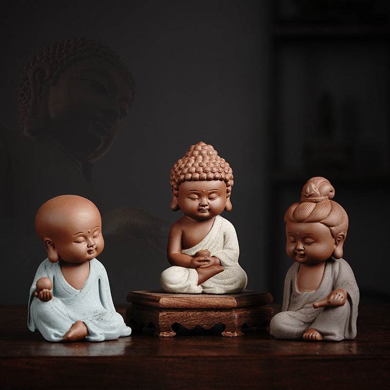 Purple Sand Shakyamuni,Avalokiteshvara,Ksitigarba Buddha Statues - Tibetan Buddhist statue, front view
