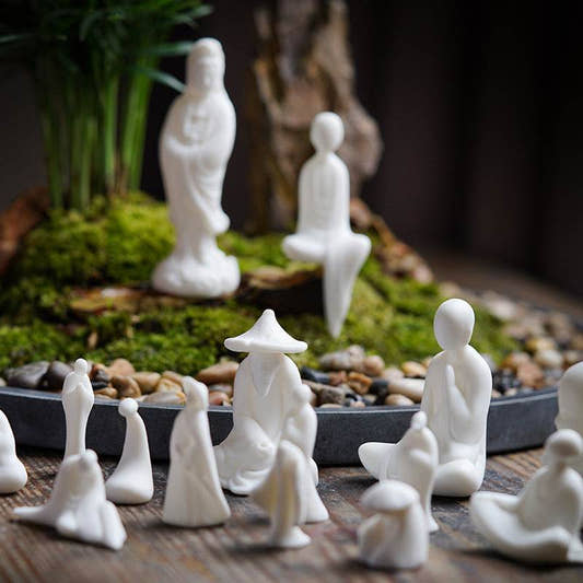 White Ceramic Zen Figurine Ornament - Tibetan Buddhist statue, front view