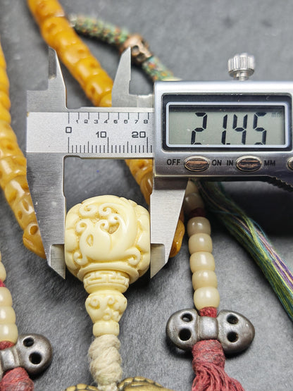 Old 10mm Yak Bone Carved Skull Mala Necklace : Authentic Tibetan Rosary 108 Prayer Beads - 50cm Stretched