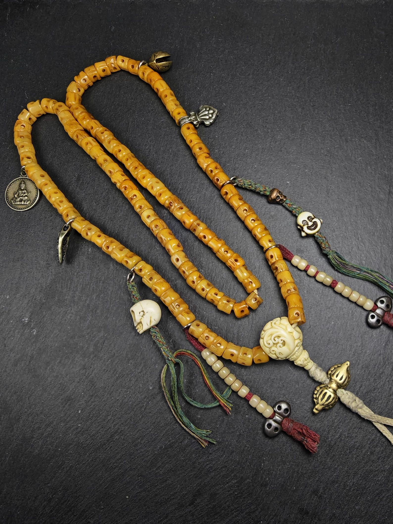 Old 10mm Yak Bone Carved Skull Mala Necklace : Authentic Tibetan Rosary 108 Prayer Beads - 50cm Stretched