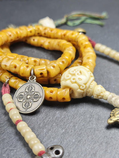 Old 10mm Yak Bone Carved Skull Mala Necklace : Authentic Tibetan Rosary 108 Prayer Beads - 50cm Stretched