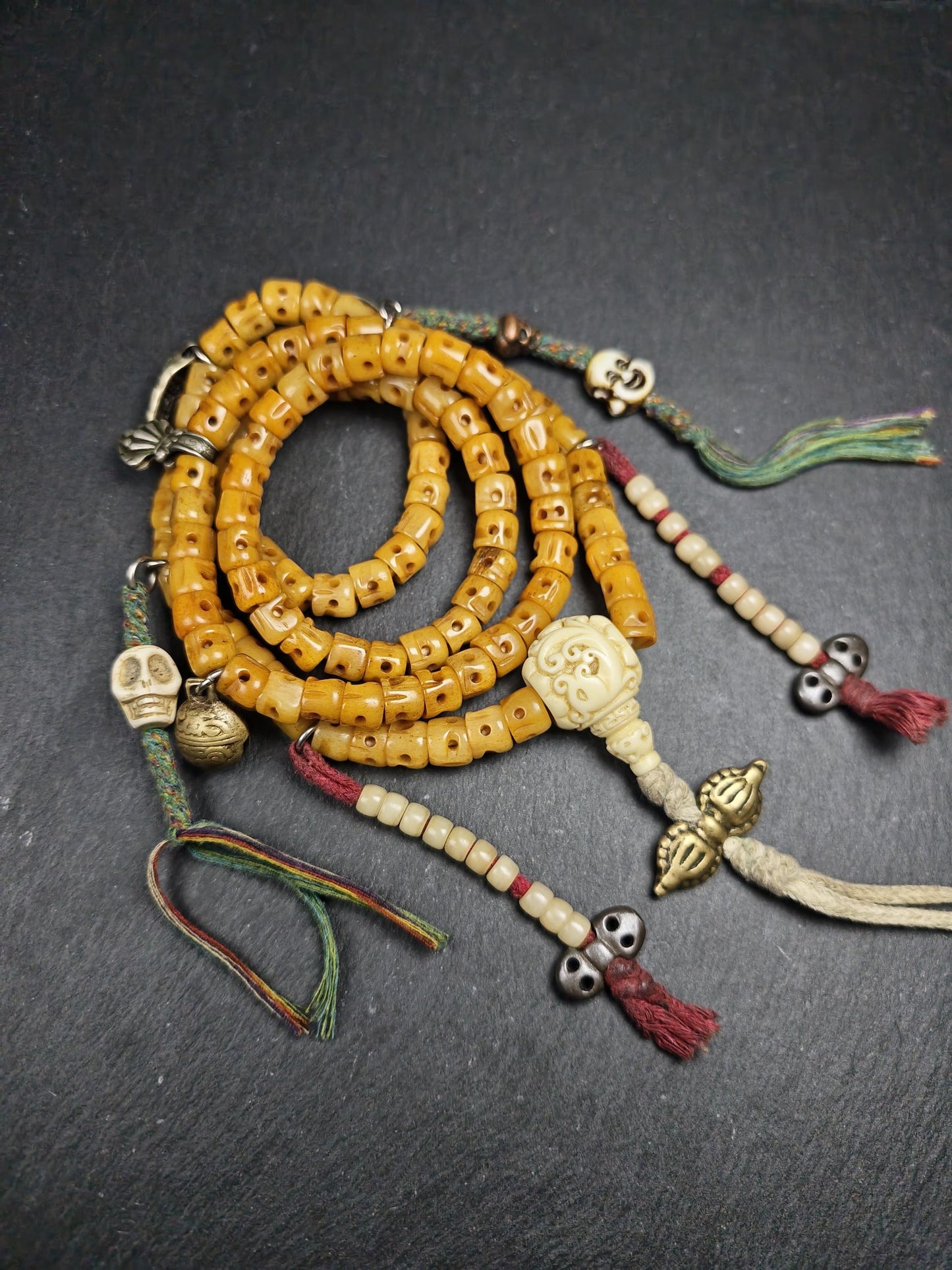 Old 10mm Yak Bone Carved Skull Mala Necklace : Authentic Tibetan Rosary 108 Prayer Beads - 50cm Stretched
