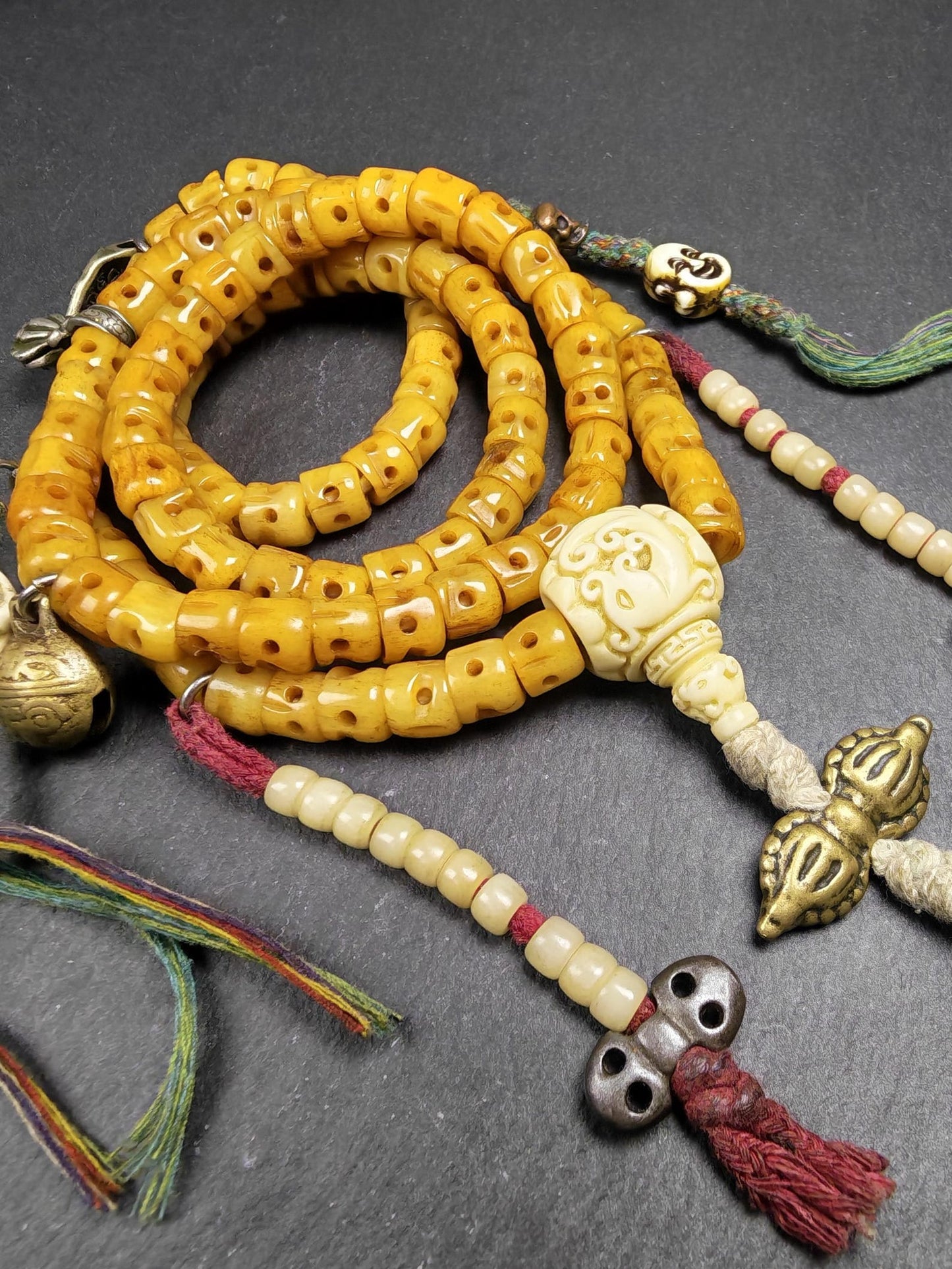 Old 10mm Yak Bone Carved Skull Mala Necklace : Authentic Tibetan Rosary 108 Prayer Beads - 50cm Stretched