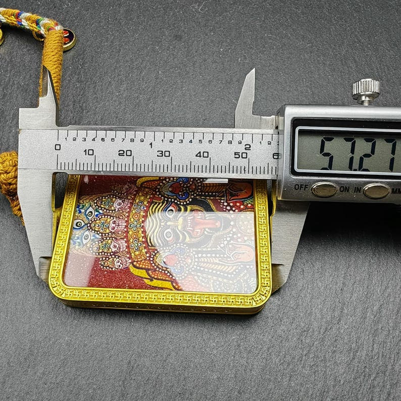 Hand-Painted Drashi Lhamo Amulet - Tibetan Buddhist amulet, size reference