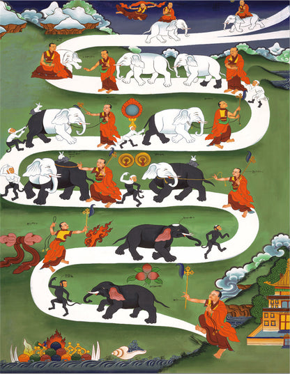 Samantha Tibetan Elephant Taming Thangka - Hand Framed Giclee Printed Tibetan Art - 120cm height - Gandhanra Thangka Art