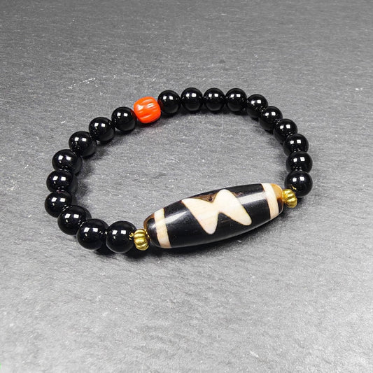 Thunder 5 Eyes Dzi Wrist Mala - Gandhanra Unique Tibetan Dzi + Black Onyx + Agate Bracelet - Spiritual Gift