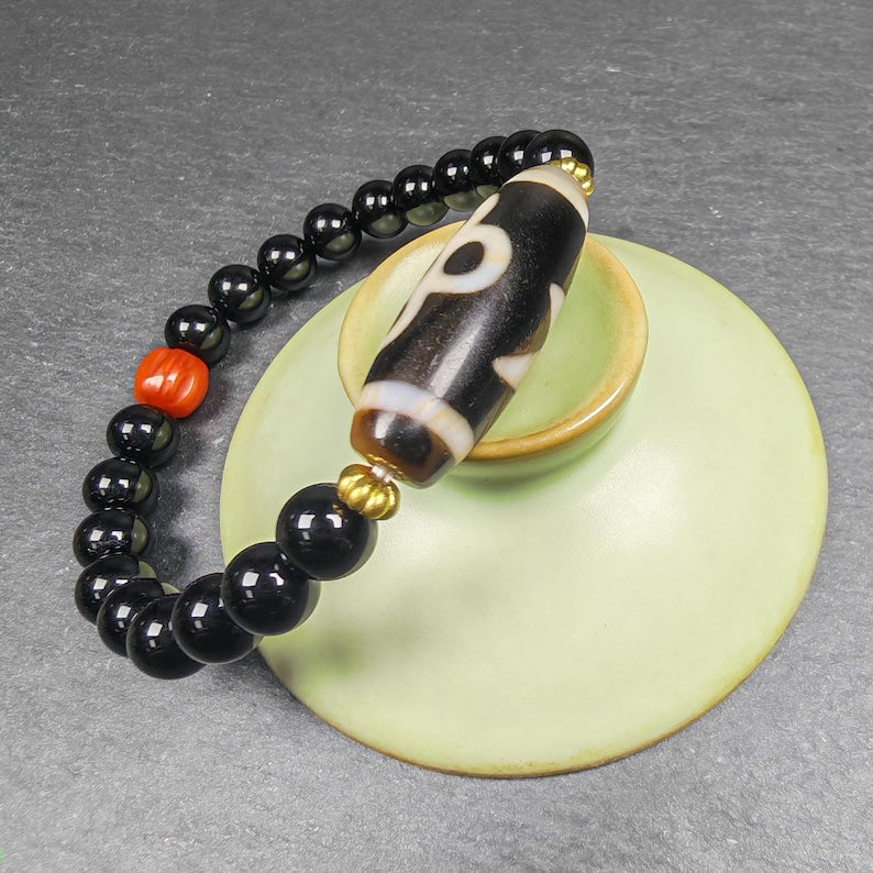 Thunder 5 Eyes Dzi Wrist Mala - Gandhanra Unique Tibetan Dzi + Black Onyx + Agate Bracelet - Spiritual Gift