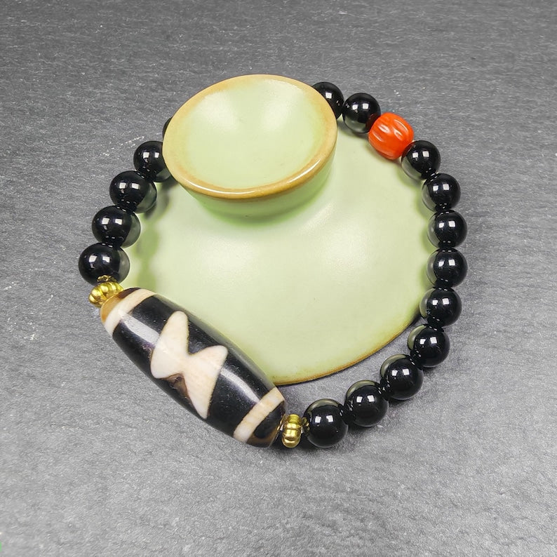 Thunder 5 Eyes Dzi Wrist Mala - Gandhanra Unique Tibetan Dzi + Black Onyx + Agate Bracelet - Spiritual Gift