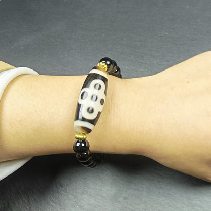 Thunder 5 Eyes Dzi Wrist Mala - Gandhanra Unique Tibetan Dzi + Black Onyx + Agate Bracelet - Spiritual Gift