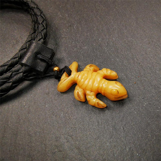 Tibetan Amulet,Yak Bone Carved Scorpion Guru of Padmasambhava, 1.2"