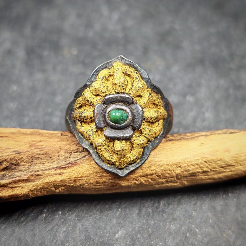 Tibetan Cross Vajra Ring Gold & Silver Gilding Adjustable Ring - Tibetan Buddhist vajra, front view