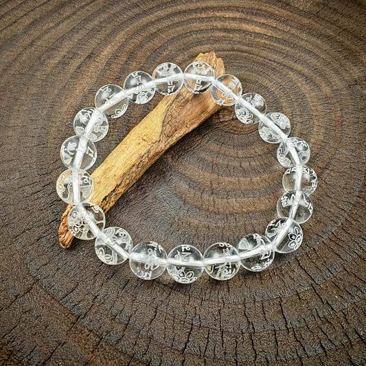 Tibetan Crystal Wrist Mala Bracelet | Om Mani Padme Hum & Lotus Carved Beads | Spiritual Meditation Gift for Him Her