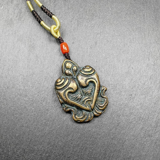 Lima Brass Amulet Double Shankha Divine Conch Badge - Tibetan Buddhist amulet, front view