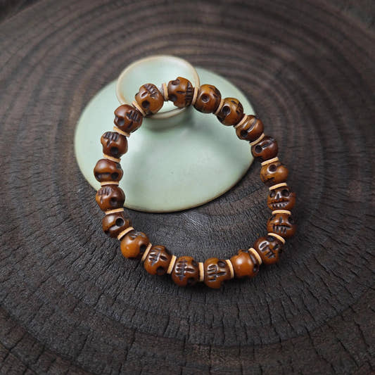 Tibetan Yak Bone Mala Beads Bracelet | Hand-Carved Citipati Skull Amulet for Meditation Prayer | Spiritual Gift for Him Her