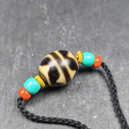 Tiger Tooth Dzi Bead Necklace - Tibetan Buddhist bead necklace, front view