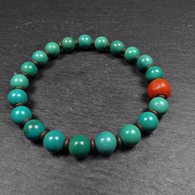 Turquoise Bracelet - Vintage Gemstone Beaded TIBETAN Wrist Mala - 8mm Beads - 21cm Perimeter - 16 Gram