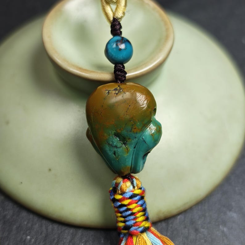 Turquoise Citipati Skull Pendant - Authentic Tibetan Amulet - Protective Charm - Decades Old - 20mm × 17mm