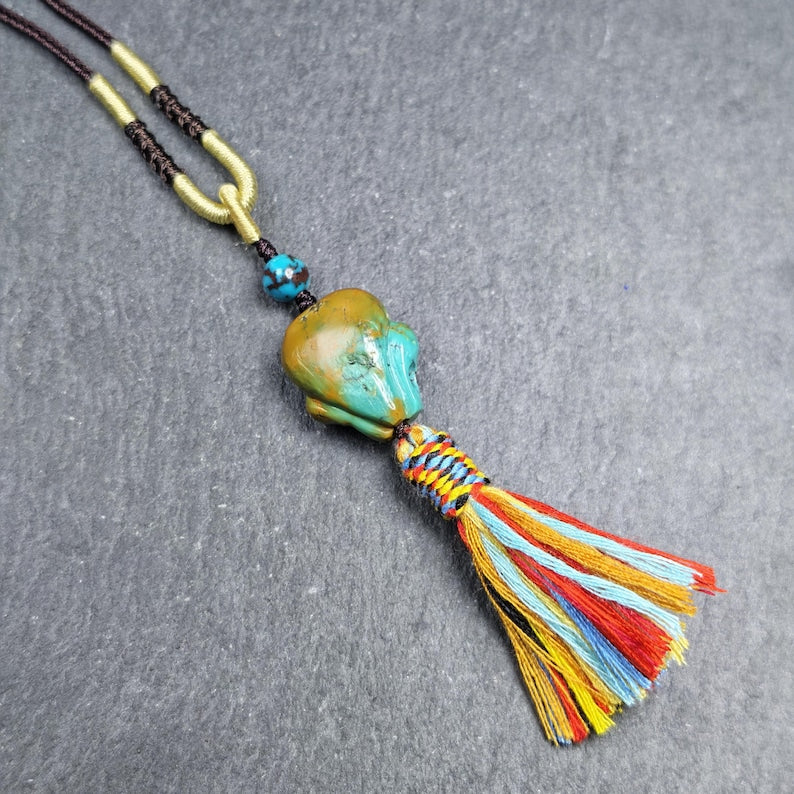 Turquoise Citipati Skull Pendant - Authentic Tibetan Amulet - Protective Charm - Decades Old - 20mm × 17mm