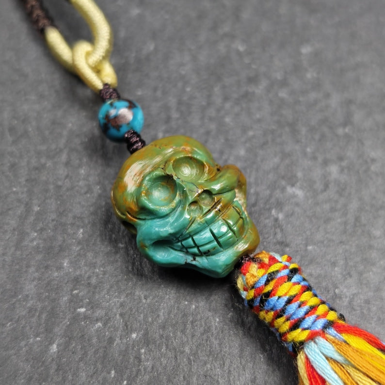 Turquoise Citipati Skull Pendant - Authentic Tibetan Amulet - Protective Charm - Decades Old - 20mm × 17mm