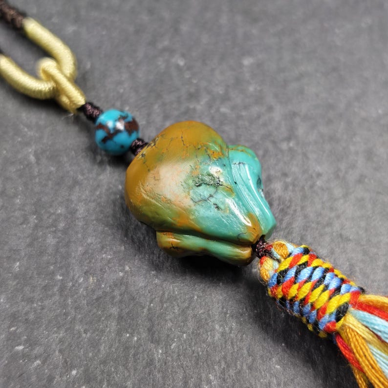 Turquoise Citipati Skull Pendant - Authentic Tibetan Amulet - Protective Charm - Decades Old - 20mm × 17mm