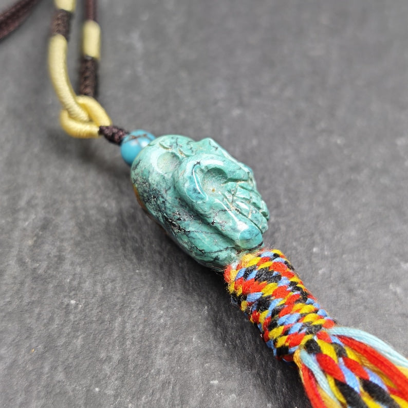 Turquoise Citipati Skull Pendant - Authentic Tibetan Amulet - Protective Charm - Decades Old - 22mm × 18mm