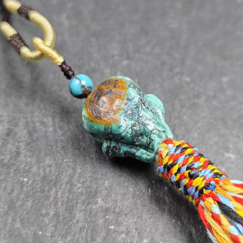 Turquoise Citipati Skull Pendant - Authentic Tibetan Amulet - Protective Charm - Decades Old - 22mm × 18mm