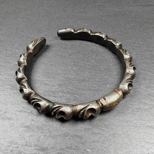 Tibetan Citipati Skull Bangle,Cold Iron Cuff Bracelet - Tibetan Buddhist art, front view