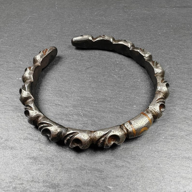 Tibetan Citipati Skull Bangle,Cold Iron Cuff Bracelet - Tibetan Buddhist art, front view
