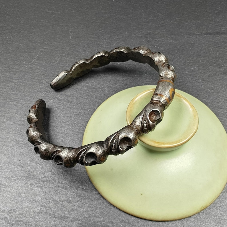 Unique Tibetan Citipati Skull Bangle,Cold Iron Cuff Bracelet,Protection Jewelry,Made of Cold Iron,Inlaid Copper
