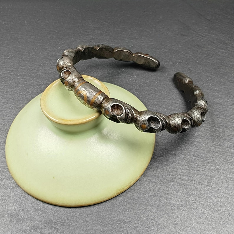 Unique Tibetan Citipati Skull Bangle,Cold Iron Cuff Bracelet,Protection Jewelry,Made of Cold Iron,Inlaid Copper